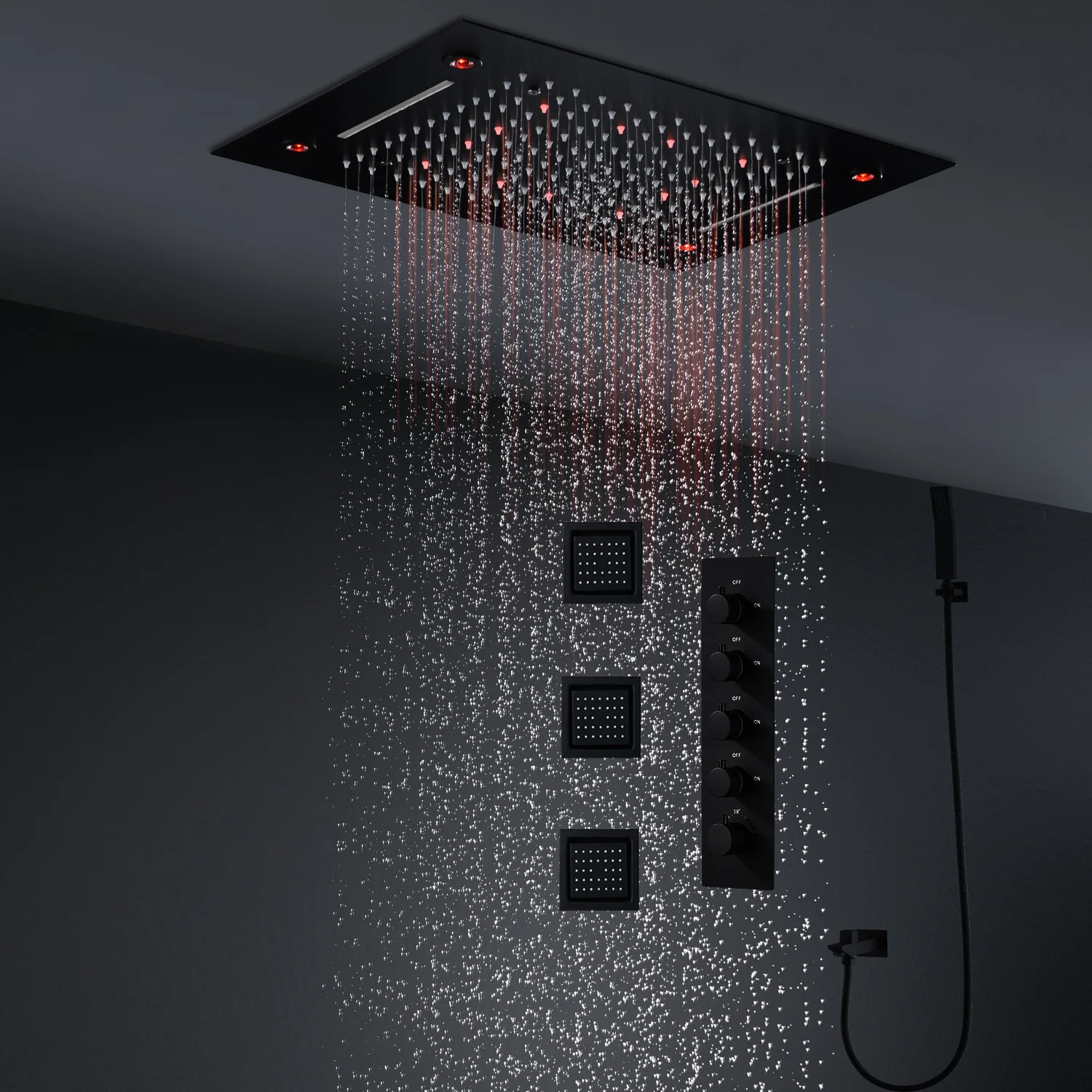 hm Modern Ceiling LED Shower System 20x14 Inch Waterfall Rainfall Shower Head Set Thermostatic Mixer Valve With Side Jets Faucet