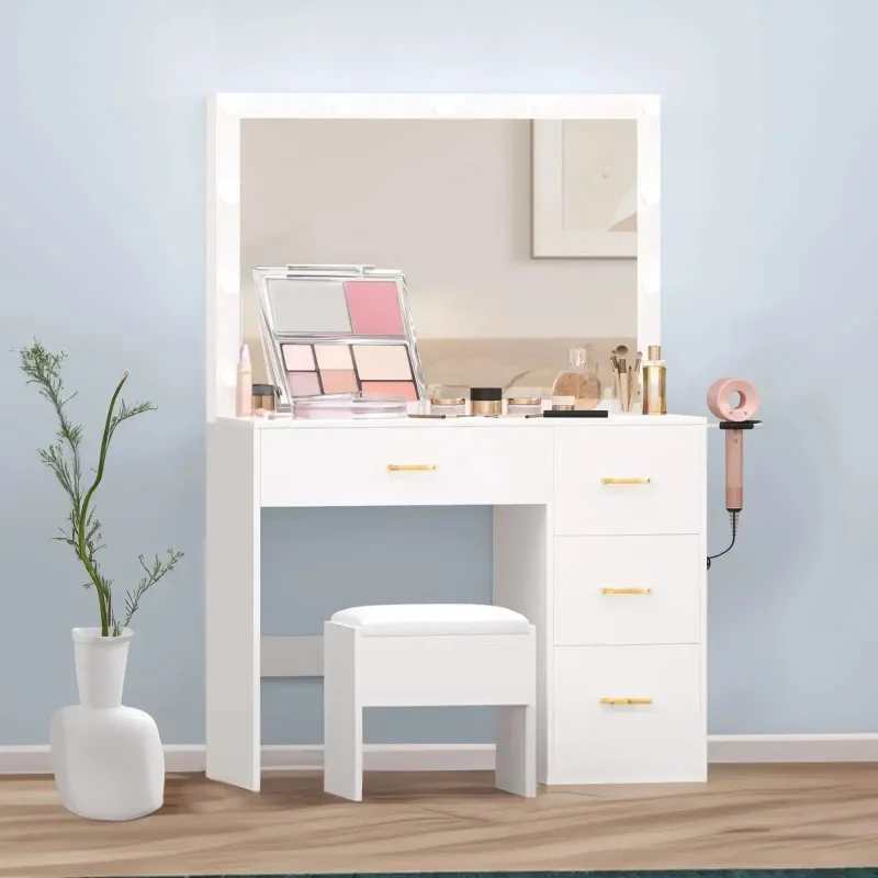 منضدة الزينة الخشبية البيضاء الحديثة ماكياج الغرور مع مرآة Led ماكياج أنيق بالباطل موبليس دي دورميتوريو خفيزانات غرف نوم