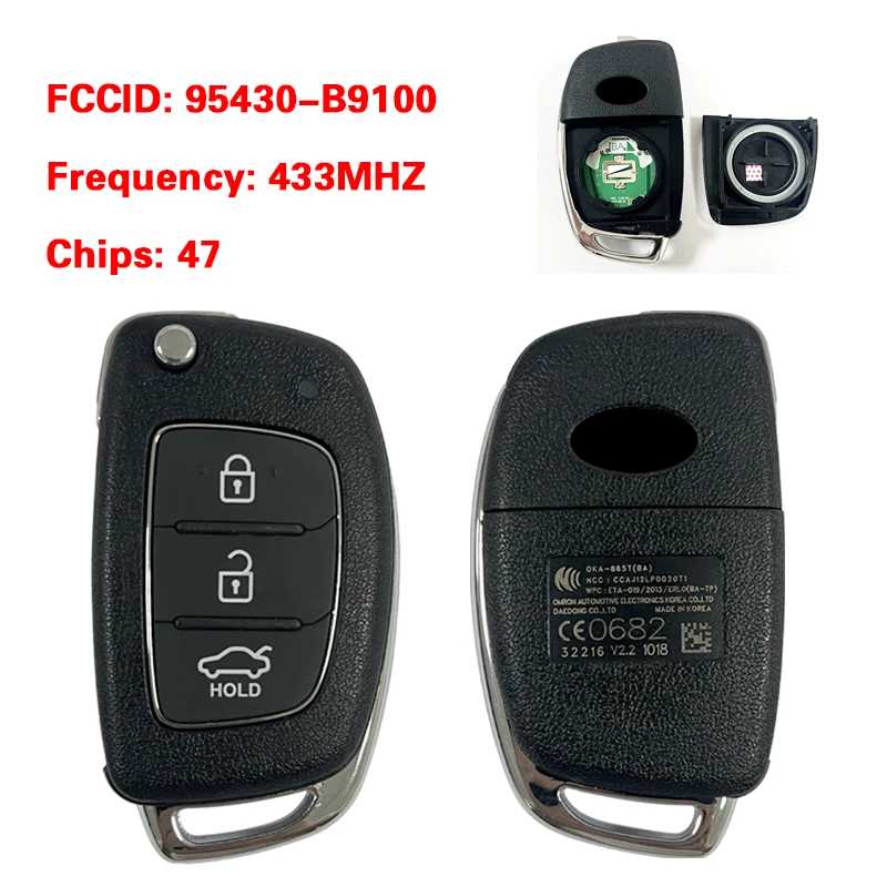 

CN020076 Original 4 Button Flip Remote Key For Hyundai I10 I20 I30 With 433Mhz CE0682 FCCID 95430-B9100 OKA-865T(IA-TP)