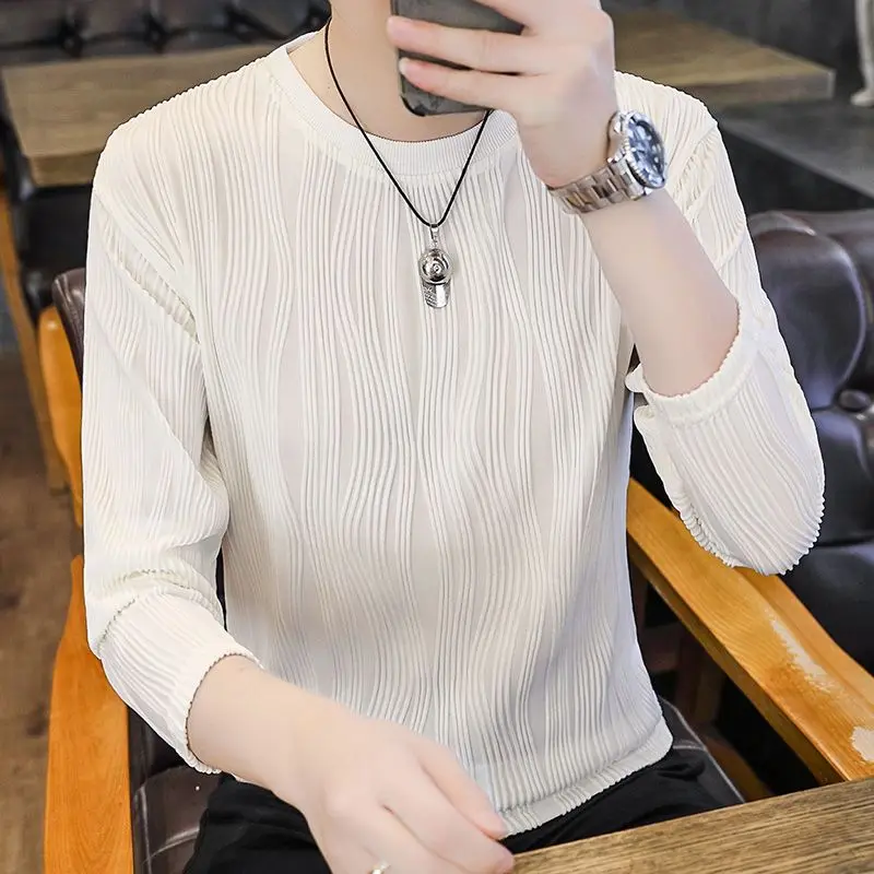 

Spring and Autumn Long-sleeved T-shirt Men's Slim Breathable Base Shirt Simple Wave Pattern Round Neck Autumn Clothes