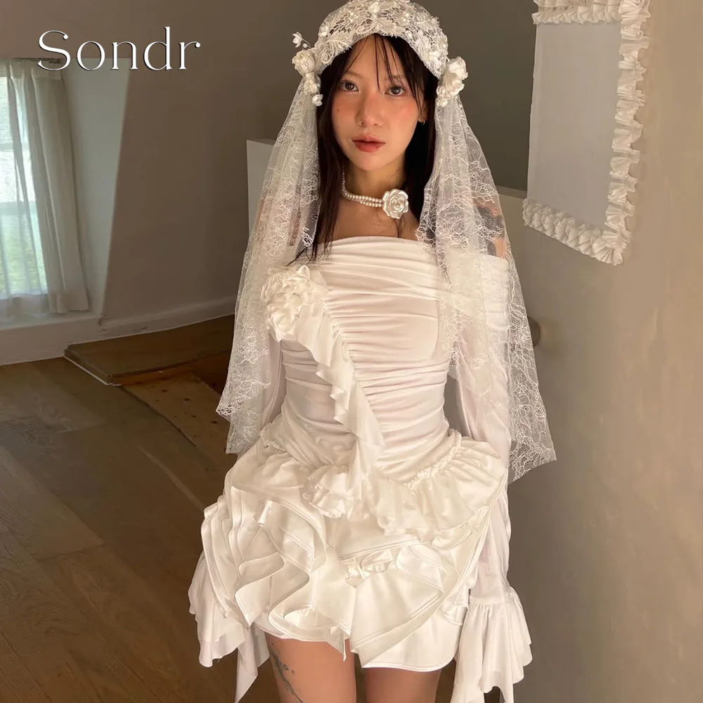 Sondr Customized Mini Pleated Korean Wedding Dresses Off the Shoulder Ruffled Korean Photo Shoot Dress Short Bride's Gown