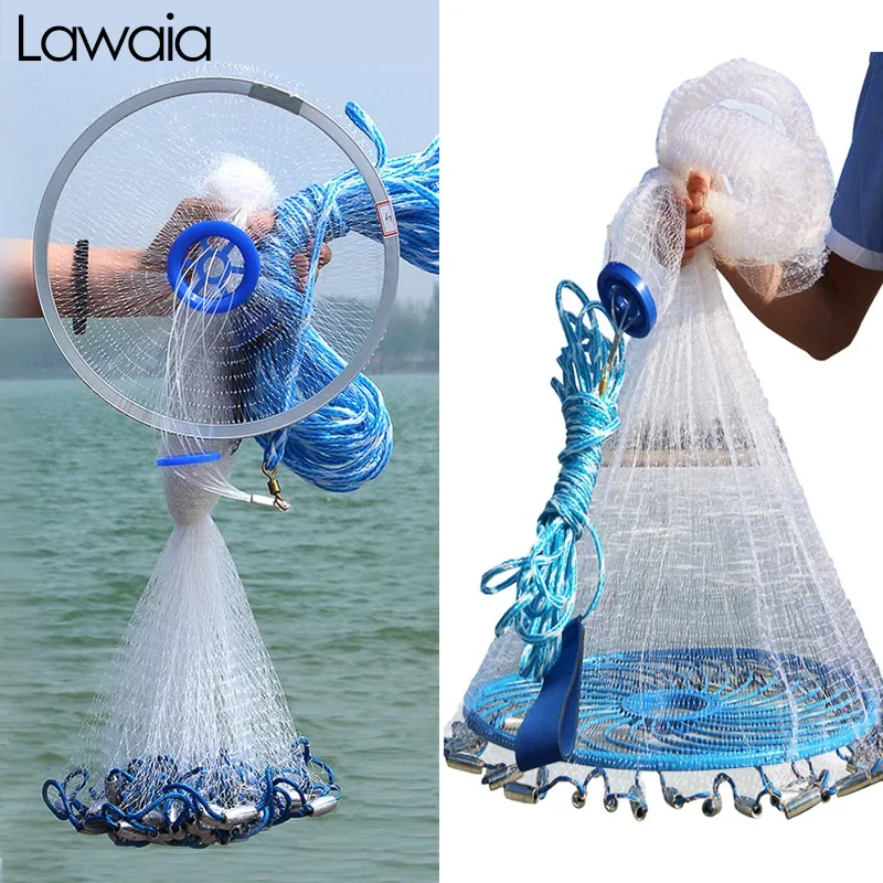 Lawaia Hand Cast Net Aluminum or Blue Plastic Ring Folding Network Steel Pendant Monofilament Nylon Fishing Line Fishnet