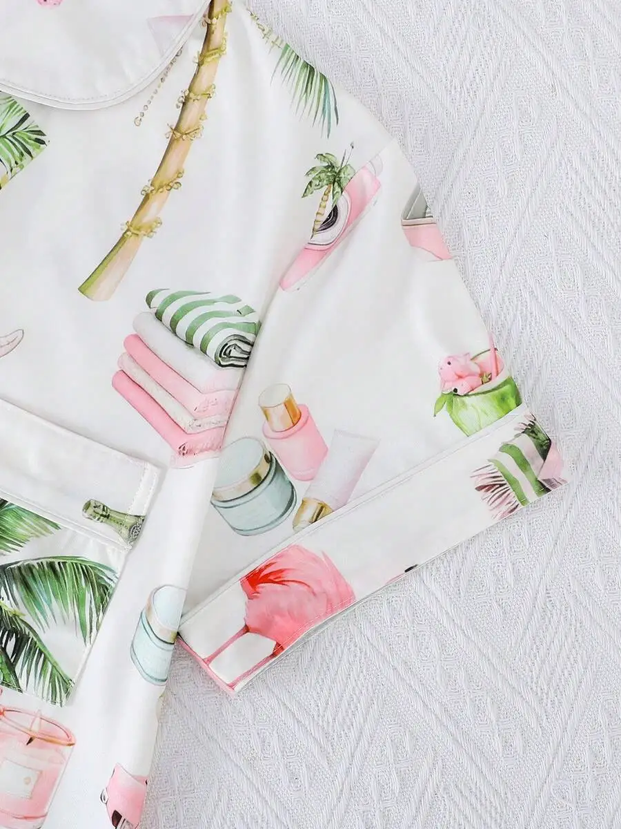 

3pcs Women Cooling Short Sleeve Pajama Set With Coconut Tree Flamingo Print Loose Sleepwear Shorts And Long Pants