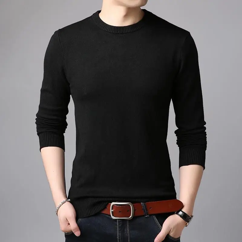 Men\'s Spring and Autumn Pullover Round Neck New Fashion Casual Solid Color Sweater Knitted Slim Fit Versatile Long Sleeved Tops