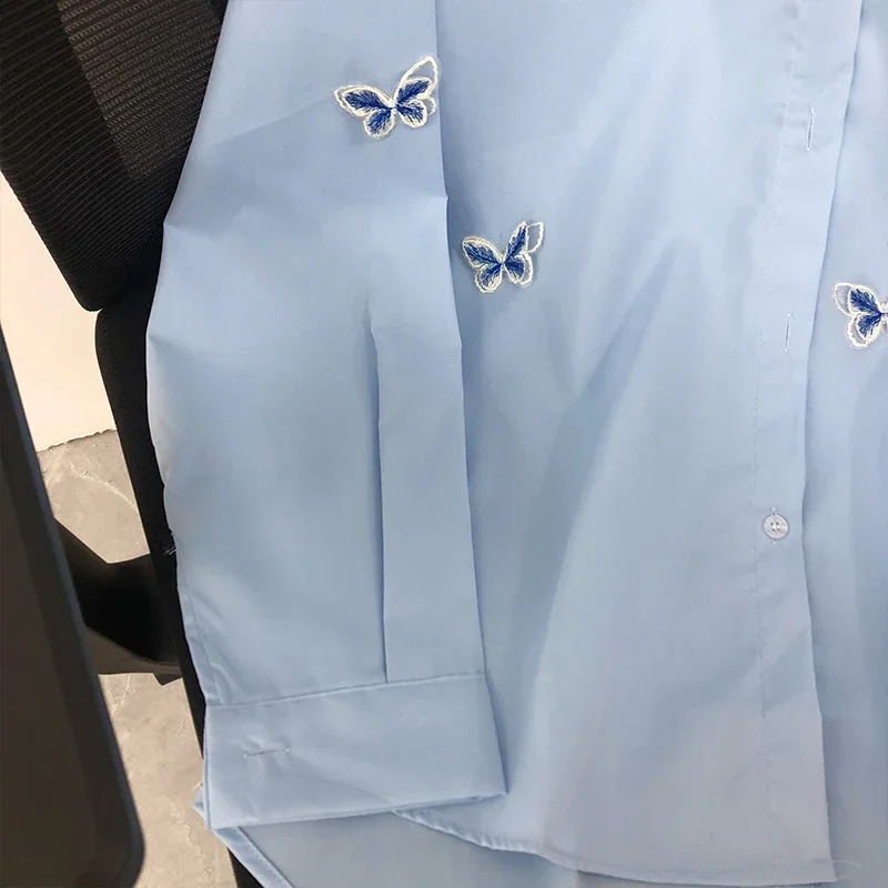EBAIHUI Women Shirts Long Sleeve Butterfly Embroidered Blouses Spring Lapel Temperament Solid Female Blusas Basic Outwear Top