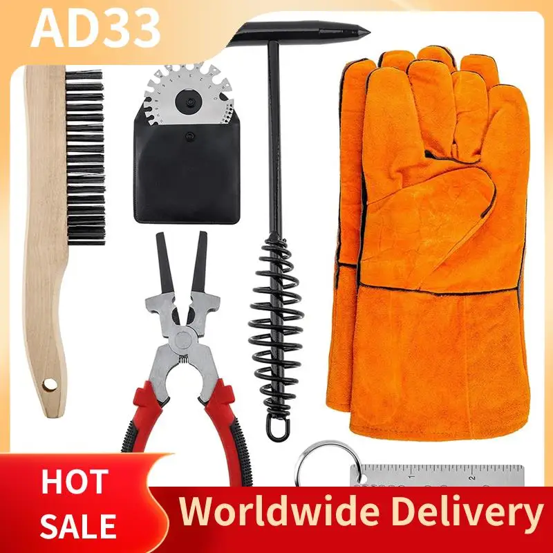 Lightweight 7Pcs Scratch Wire Brush Welding Hammers Slag Removal Tool, Welding Slag Removal Tool Set With Sheet Thickness Gauges