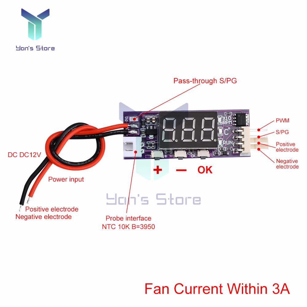 DC 12V Mini 4-Wire temperatury wentylatora regulator kontroli wyświetlacz LED cyfrowy regulator prędkości wiatraka wsparcie 3A wentylator wyłączenia