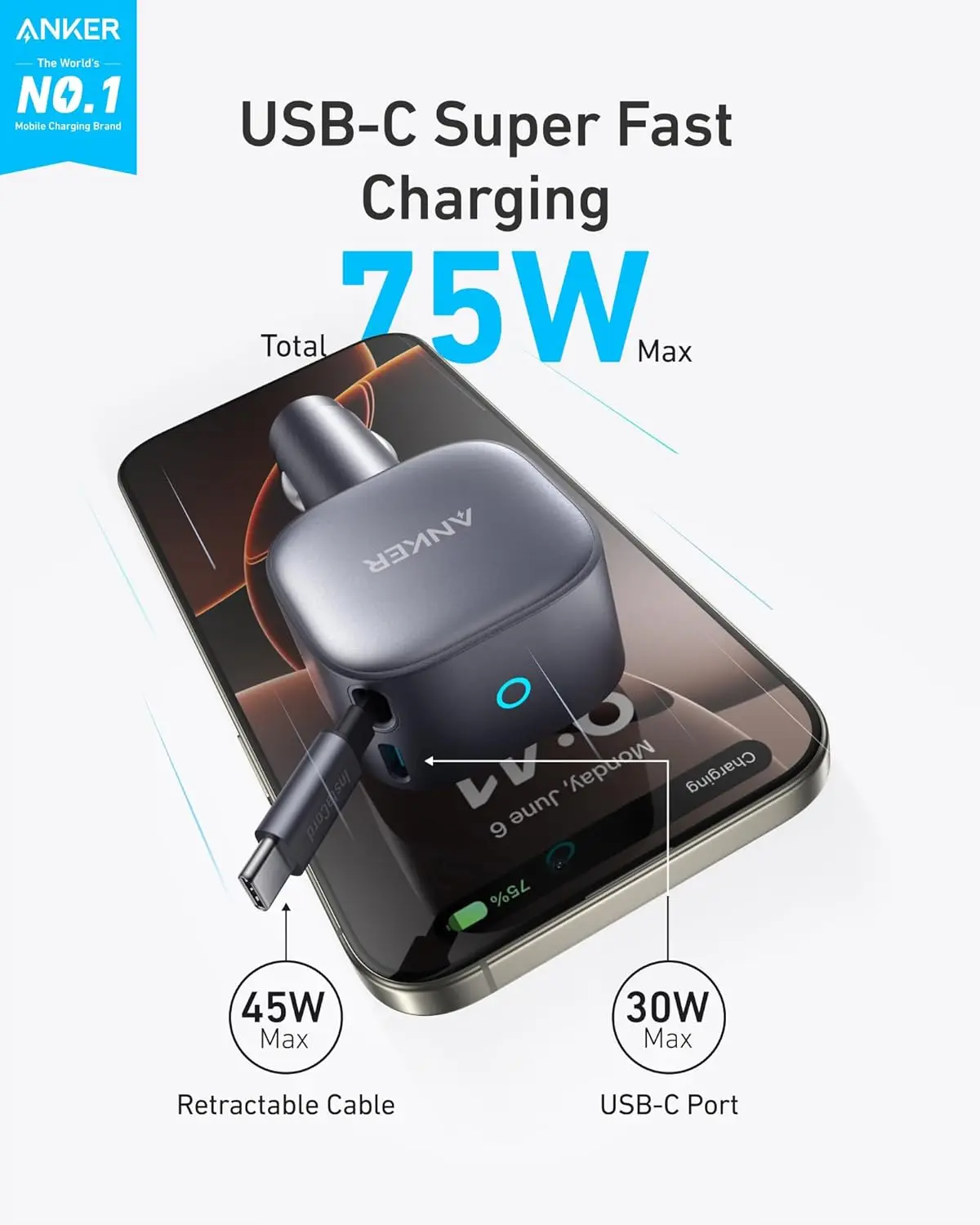 Anker USB-C Car Charger, 75W Max, Ultra-Compact, Type-C Fast Charger with Built-in Retractable USB-C Cable