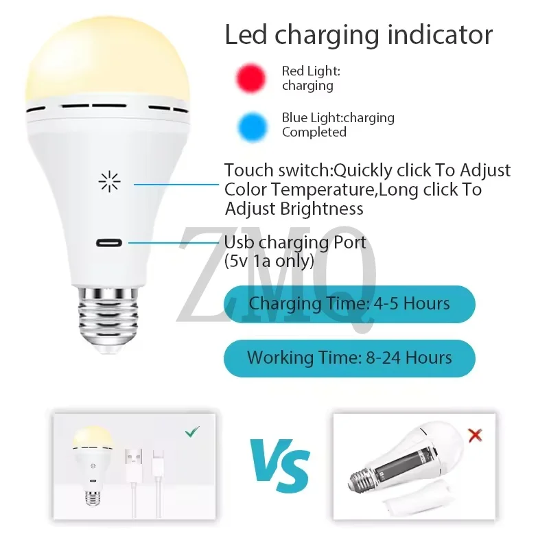Rechargeable Light Bulb RGB color USB Led Bulb Smart Bulb Dimmable E27 Bulbs with Timing Cordless Battery Operated Light Bulb