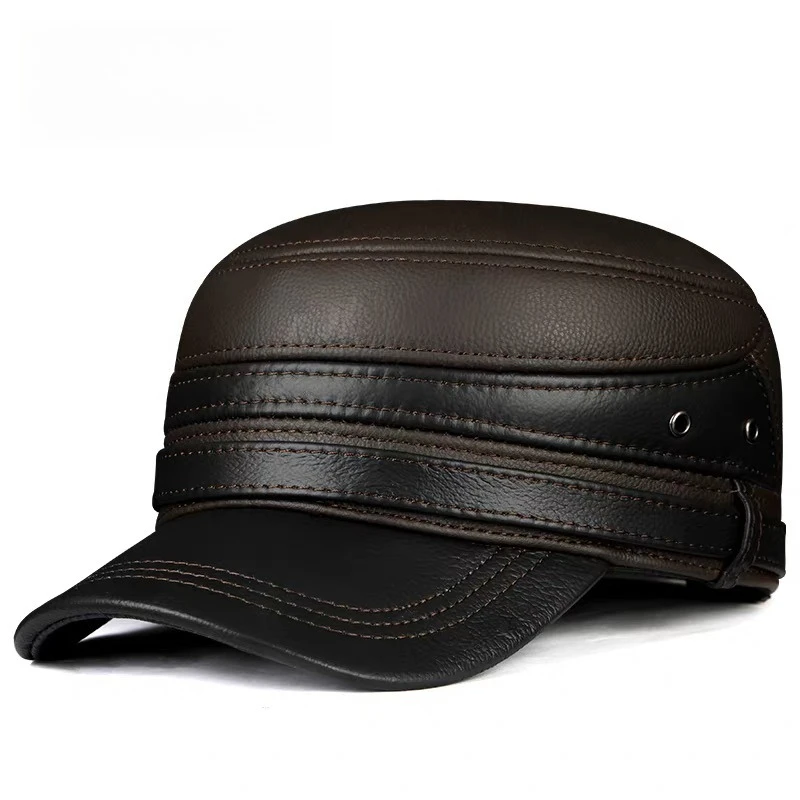 New 2024 Winter Men Genuine Leather Baseball Cap Earmuffs Flat Hat Male Keep Warm Leisure 57-60 cm Adjustable Gorro Cow Skin Cap