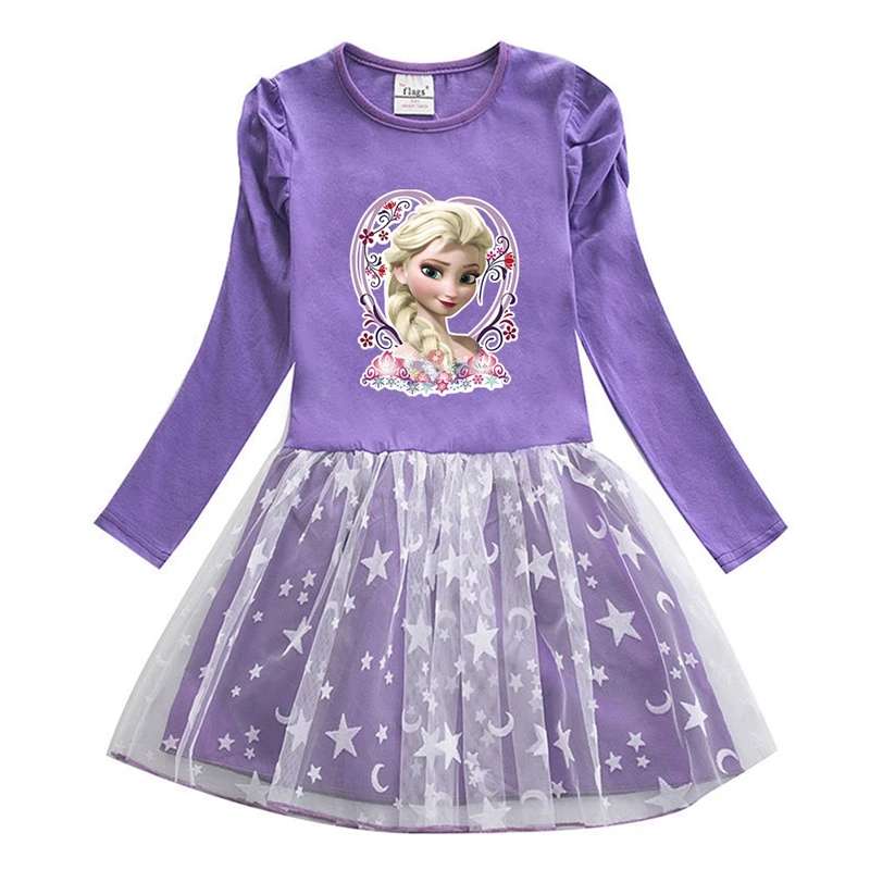 Spring Autumn Girls Dresses Baby Kids Cartoon Frozen Elsa Long Sleeve Clothes Princess Mesh Party Wedding Dress Toddler Pajama