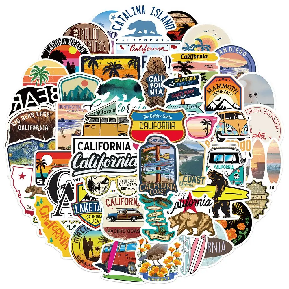 10/50pcs USA California Travel Beach Surfing Stickers DIY Motorcycle Skateboard Laptop Luggage Decals Car Styling Sticker Toy