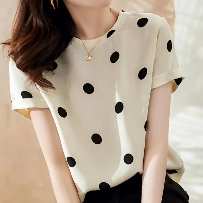 Fashion O-Neck Short Sleeve Printed Polka Dot Blouse Women's Clothing 2023 Summer New Oversized Casual Pullovers Korean Shirt