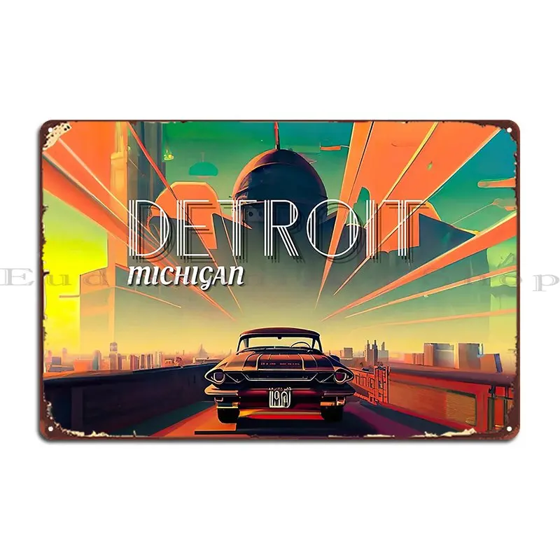 Detroit Motor City Retrofuturism Metal Sign Printed Wall Decor Wall Decor Cinema Cinema Tin Sign Poster