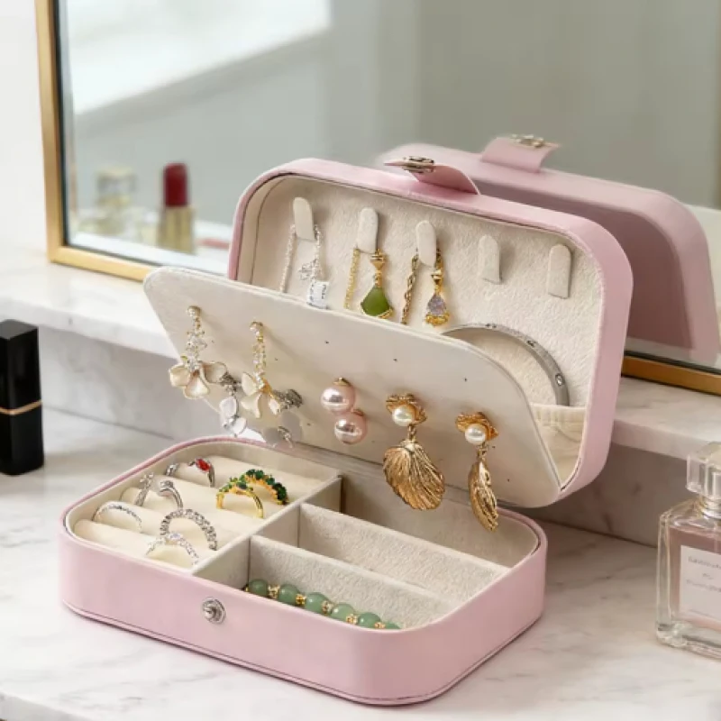 

Portable Multi-Compartment Jewelry Box Velvet Lining - Travel-Friendly Pink Jewelry Organizer Accessories Travel Jewelry Case Ms