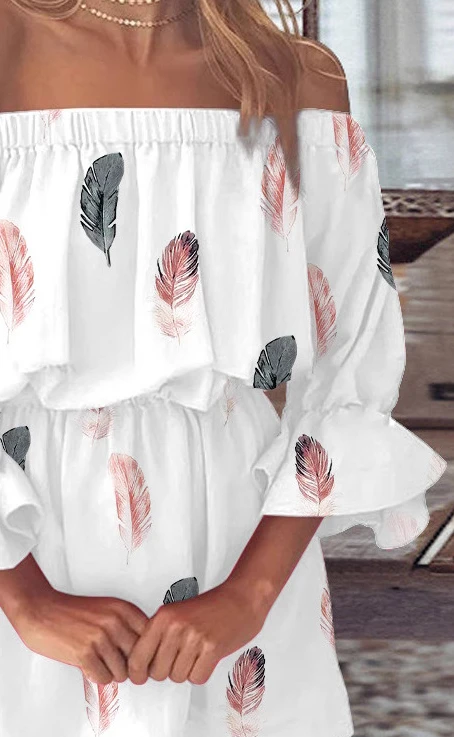 Mulheres sem alças slash neck pena impressão vestido de cintura alta babados sexy mini vestido