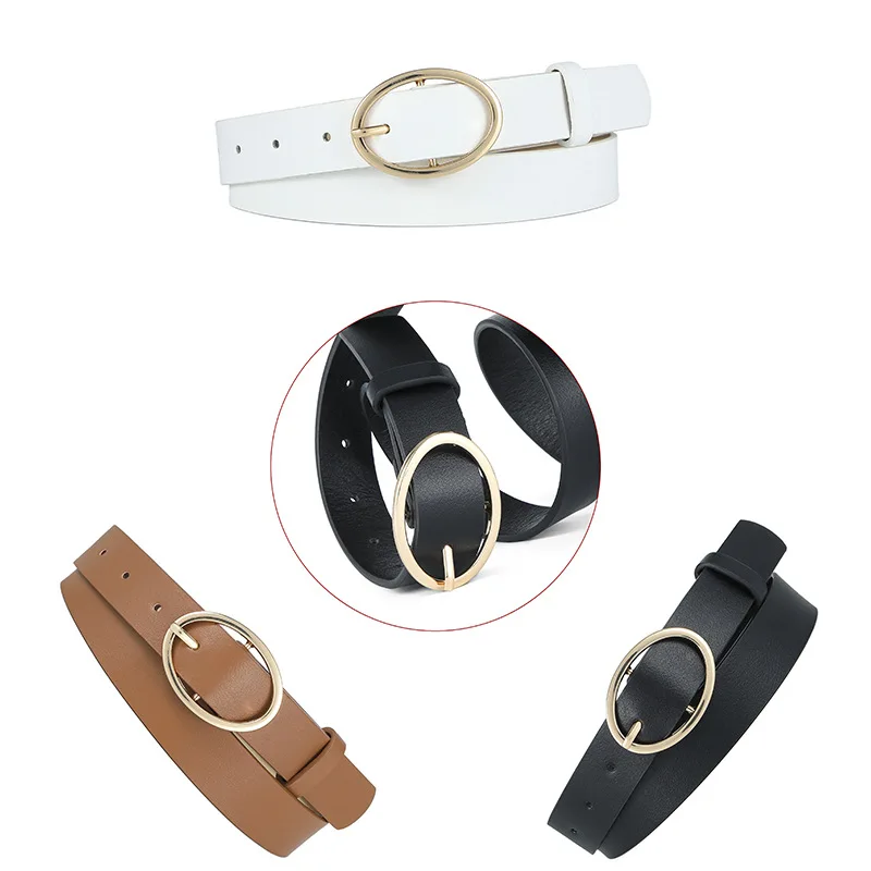 2024 New Round Buckle PU Belt for Women Pure Color Leopard Ball Needle Gold Buckle Belt for Clothing Jeans Set