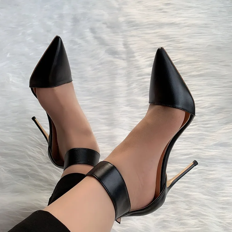 2026 new super fire black matte sheepskin hollow foot ring with buckle pointed straight mouth women's 12cm high heels