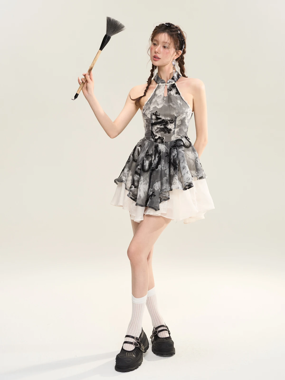 

SASSY MOODY New Chinese Sle Embroidered ter Ne Splice Dr Women Slim Fit A-Line Puffy Skirt Spring Summer Dr