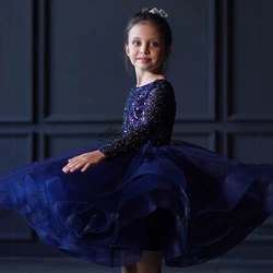 Fashion Navy Purple Flower Girl Dresses Full Sleeve Sequined Beads Christmas Gown for Princess New فساتين اطفال للعيد Winter