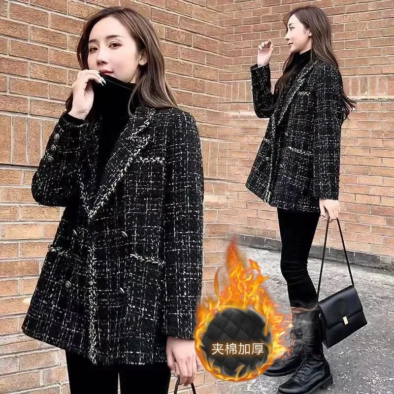 QNPQYX New Thickened Jackets Autumn Ladies Plaid Woolen Coat Small Fragrance Style Rough Flower Ladies Stitching Small Suit