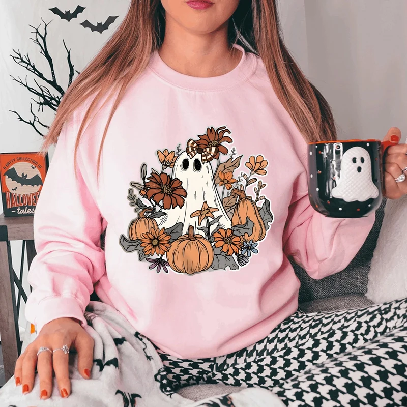 Women Pumpkin Ghost Print Round Neck Long Sleeve Sweatshirt, Halloween Sweatshirts, Fall Pullovers, Women Plus Size Clothing