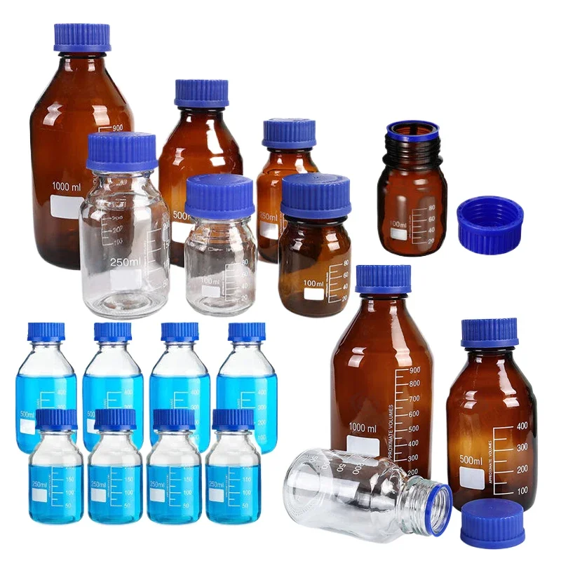 Botellas de vidrio redondas de borosilicio no alto, 1 piezas, 25ml-1000ml, con tapas de tornillo azul GL45 para líquidos, reactivos de agua de laboratorio