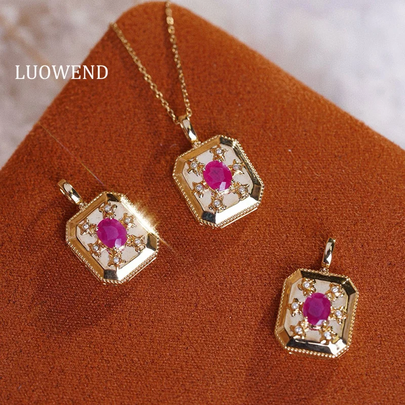 LUOWEND 100% 18K Yellow Gold Necklace Shiny Diamond Natural Ruby Pendant Necklace for Women Christmas Gift High Gemstone Jewelry