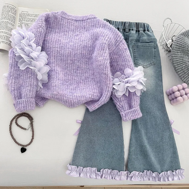 

2025Girls' 3D Flower Beaded Sweater Set Autumn Knitted Top Flared Pants Jeans Two-Piece Set