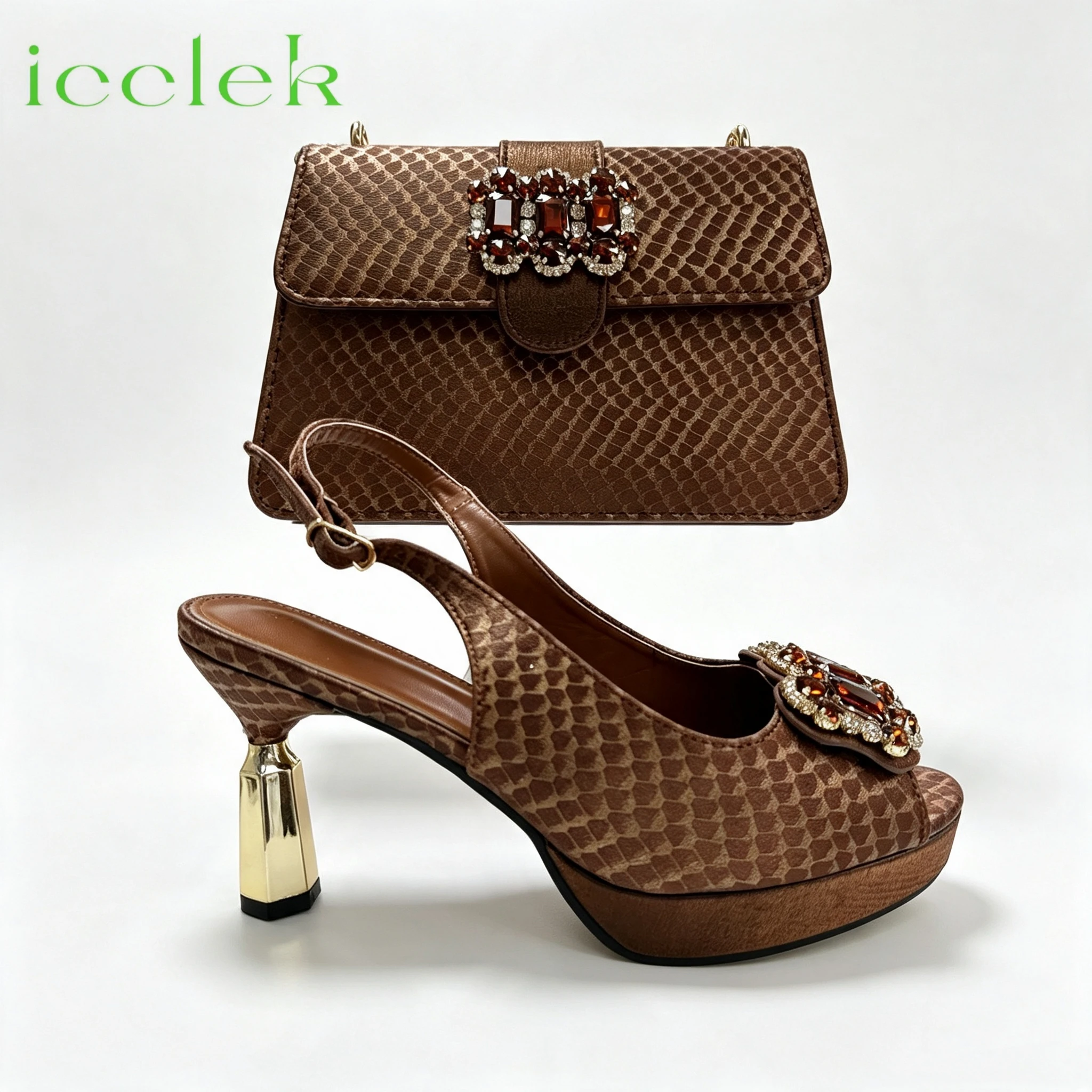 Coffee Brown Newest INS Style Rhinestone Elegant High Heels Nigeria Popular Design African Ladies Shoes And Bag Set Wedding