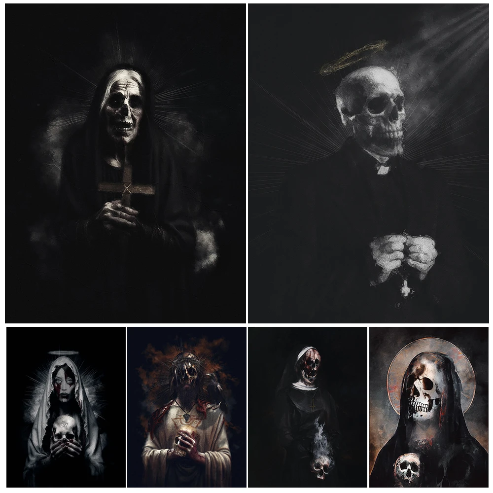 

Creepy Demonic Nun, Priest And Jesus Vintage Wall Art Canvas Painting Gothic Pagan Witchcraft Art Poster Print Home Decoration