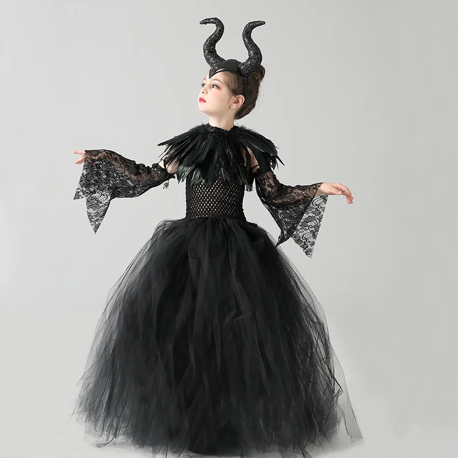 Halloween Girls Dark Cosplay Tutu Dress Kids Devil Theme Costume with Wings Horn Headband Scepter for Carnival Fancy Dress Party