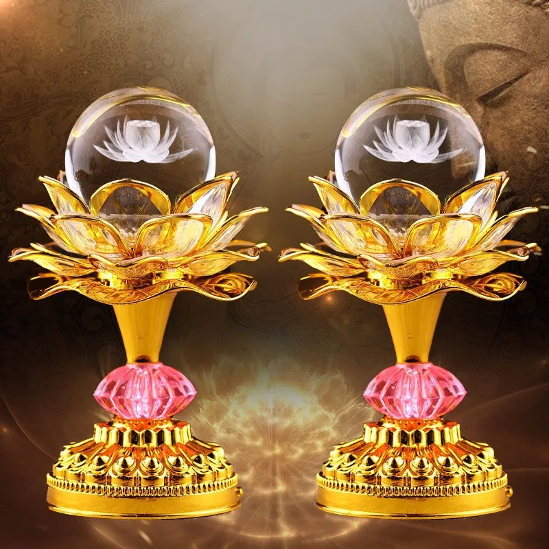 Crystal Lotus Lamp Bodhisattva Buddha Hall Lamp Rechargeable Home Table Decor Fengshui Ornaments