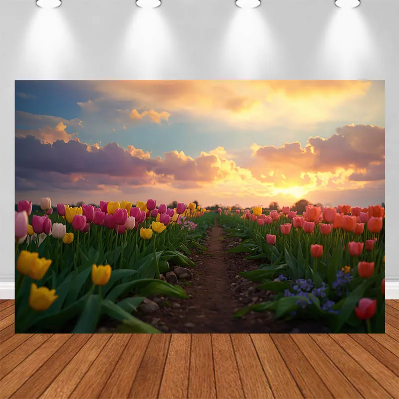 LS Photography Backdrop Outdoor Spring Flower Field Sunset Scene Decor Birthday Cake Smash Kids Adult Portrait Photo Background