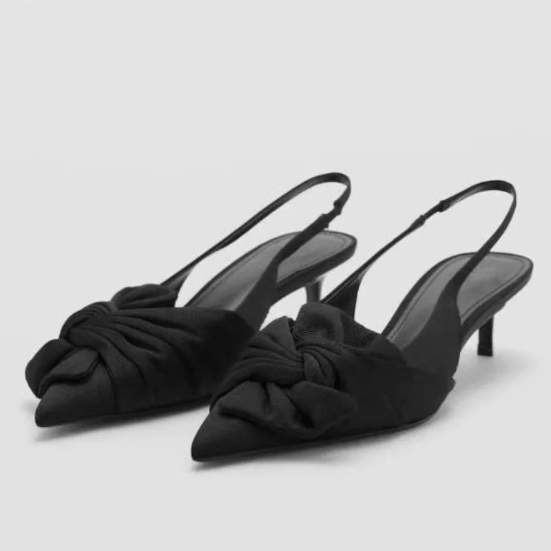 

2026 Elegant Satin Pleated Bow Design High Heels Sandals Women Sexy Pointed Toe Slingback Pumps Fashion Banquet Dress Shoes