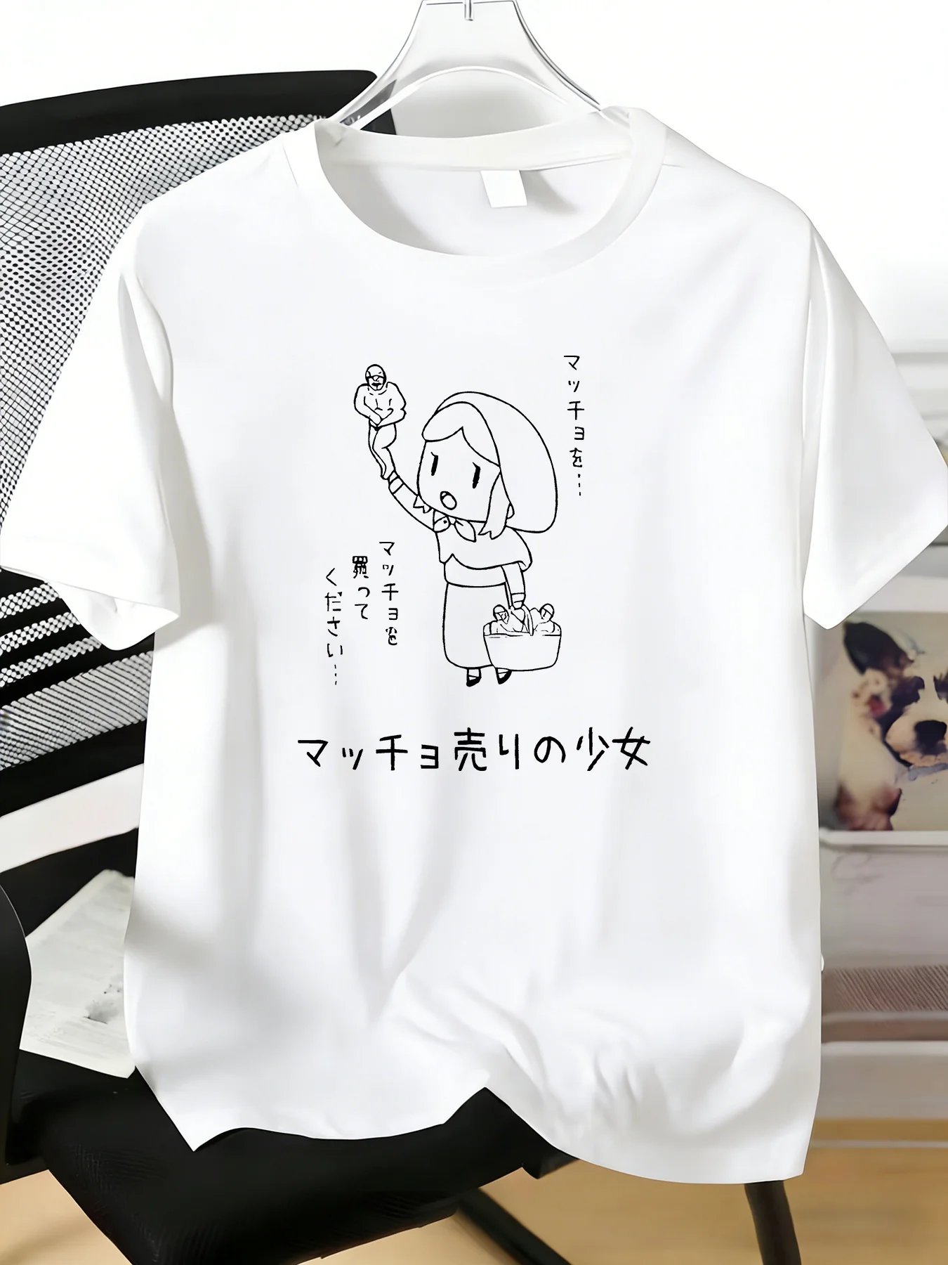 Men Cotton Tee Japanese Match Girl Simple Line Print Crew Neck Short Sleeve Summer Street Daily Top For Young Male Casual Wear