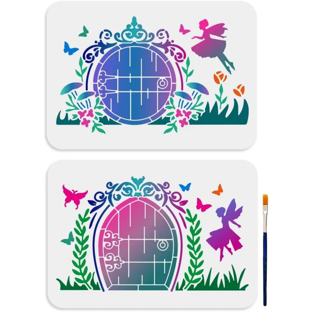 1 Set PET Hollow Out Drawing Painting Stencils for DIY Scrapbook Photo Album with 1Pc Art Paint Brushes Door 297x210mm 2pcs/set