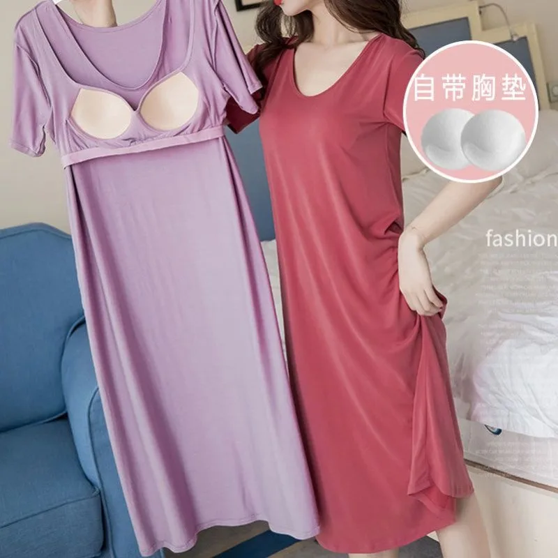 

woman Bra pad nightdress summertime Short sleeve Solid color Over the knee loungewear Can be worn outside No underwear required