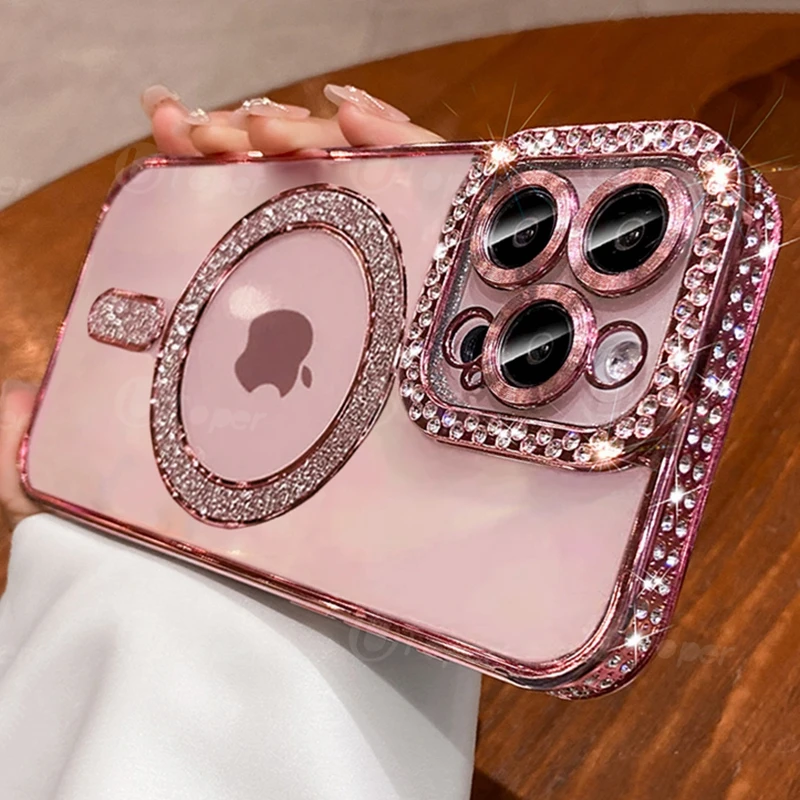 Fashion Girl Pink Crystal Glitter Transparent Magnetic Case For iPhone 15 11 12 13 14 Pro Max Wireless Charging Diamond Cover