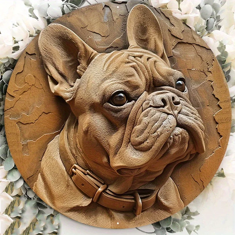 1pc 8x8inch Aluminum Metal Sign French Bulldog Dog Circular Mark Suitable for Living Room, Wall, Home Decoration, As Gifts