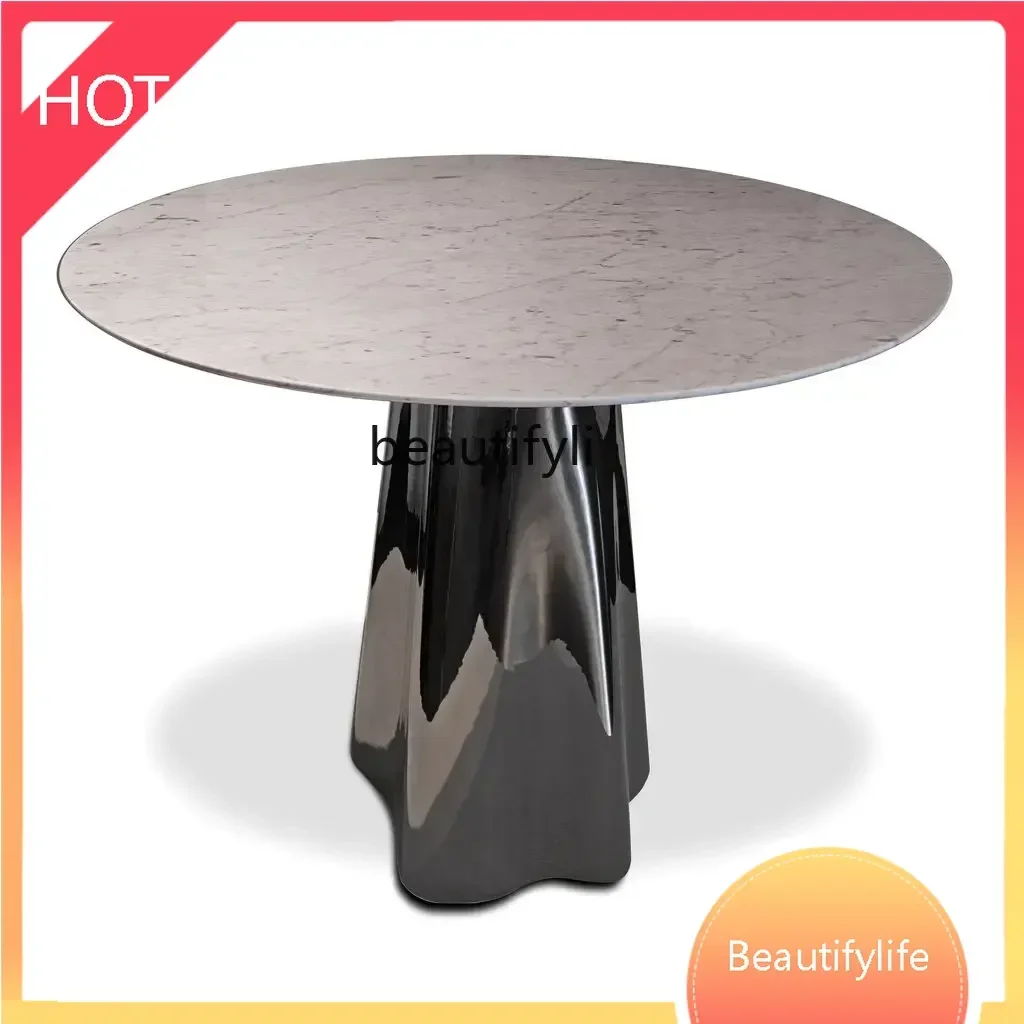 

new Stainless Steel round Marble Dining-Table Villa Model House Simple Home 6-Person Dining Table ss 8617