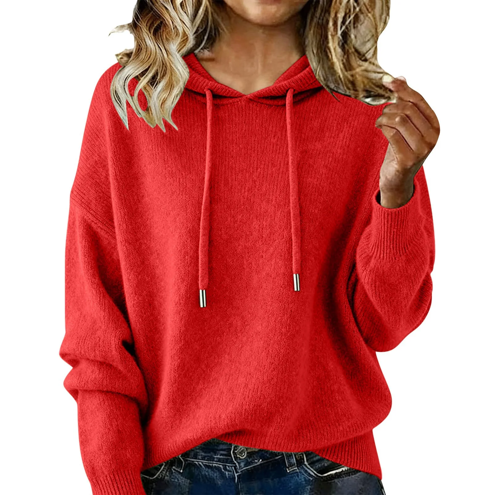 المرأة معطف بقلنسوة كبيرة الحجم الشتاء خمر محبوك سترة حمراء البلوز المرأة الصلبة لينة معطف شتاء 2025 هوديس امرأة #2