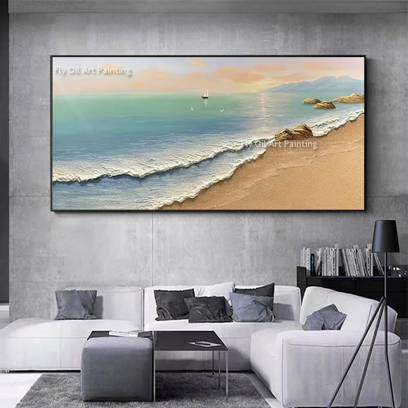 Beach Landscape Canvas Wall Art Summer Seaside Sea Wave Oil Painting Handmade Modern Art For Room Decor Frameless As Best Gift