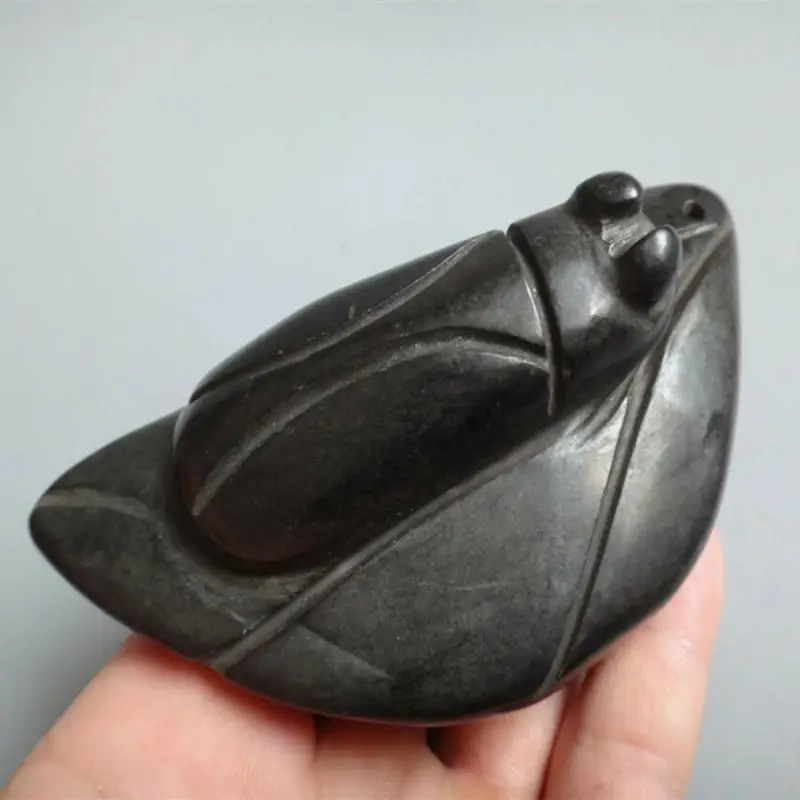 Rare Hongshan Culture Meteorite Magnet Jade Carved Tree Leaf Cicada Statue