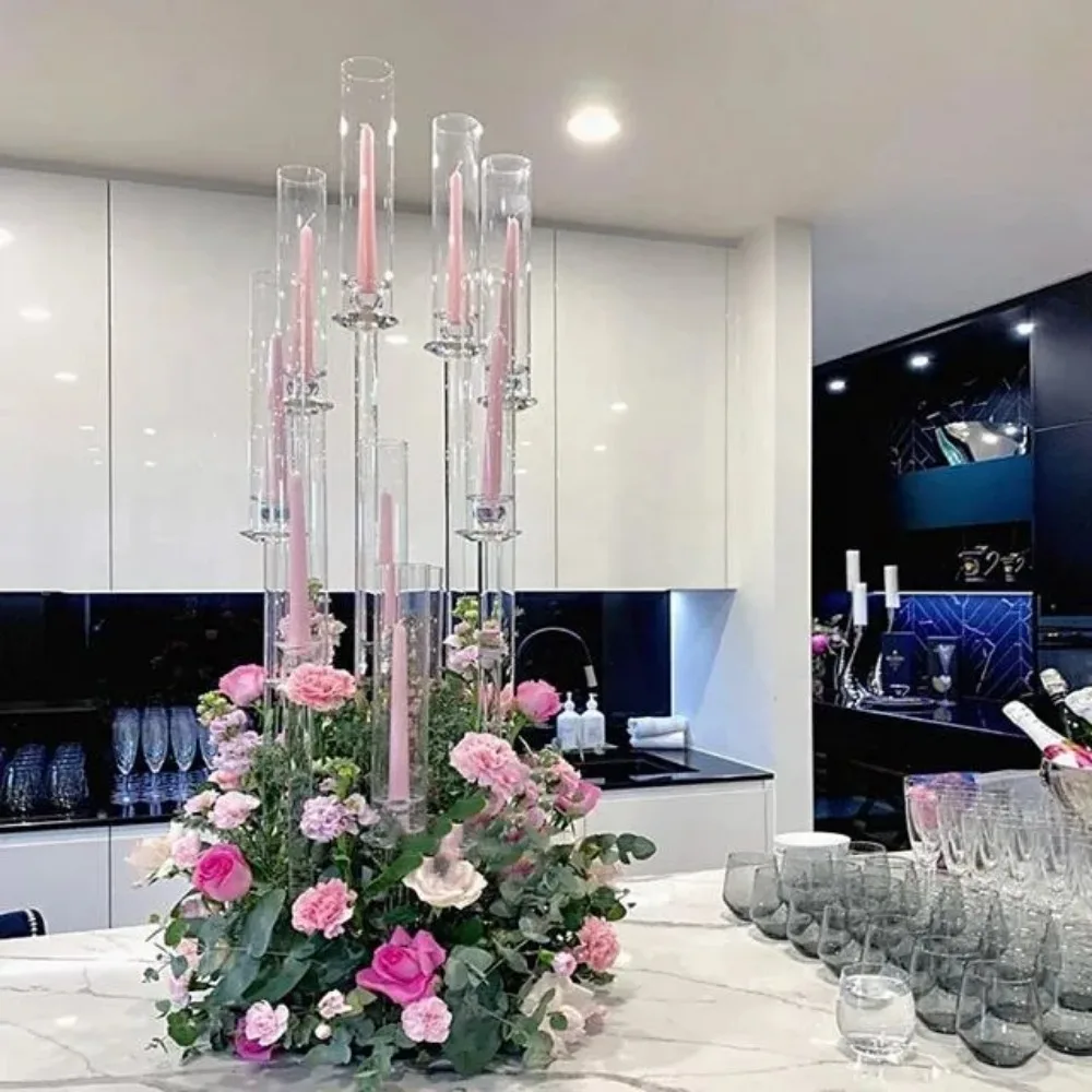 

Wholesale 10 Arms Long Modern Clear Acrylic Tube Hurricane Crystal Candle Holders Wedding Table Centerpieces Party Decoration