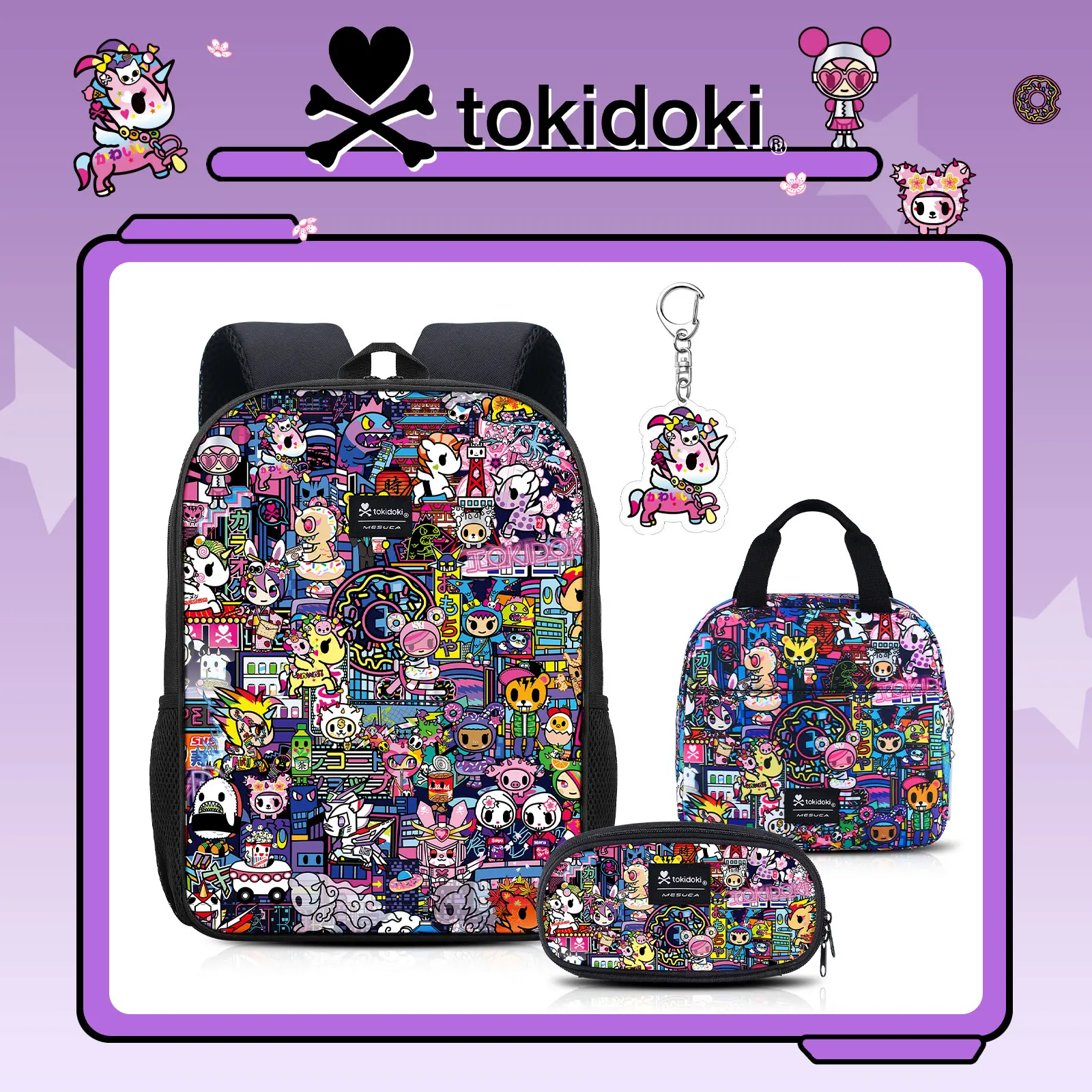 

Tokidoki Unicorno Cute Backpack, Bookbag with Lunch Box Pencil Case Keychain, School Bag Set 4pcs Backpack Set School Daypack