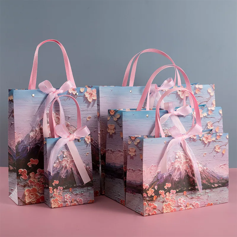 Flower Gift Bags 3D Cherry Blossom Oil Painting Paper Bags Valentine's Day Birthday Party Gift Bags Clothing shop handbags