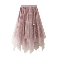 Women Fairy Star Sequins Mesh Tutu Skirt Shiny Elastic Waist Tulle A-line Skirt Autumn New Korean Edition Irregular Velvet Skirt