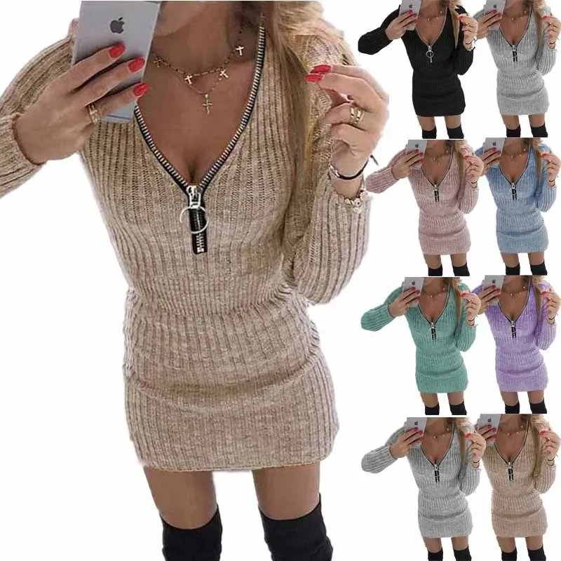 Autumn and winter foreign trade women zipper waist long-sleeved knitted hip dress ladies long-sleeved knitted slim hip dress