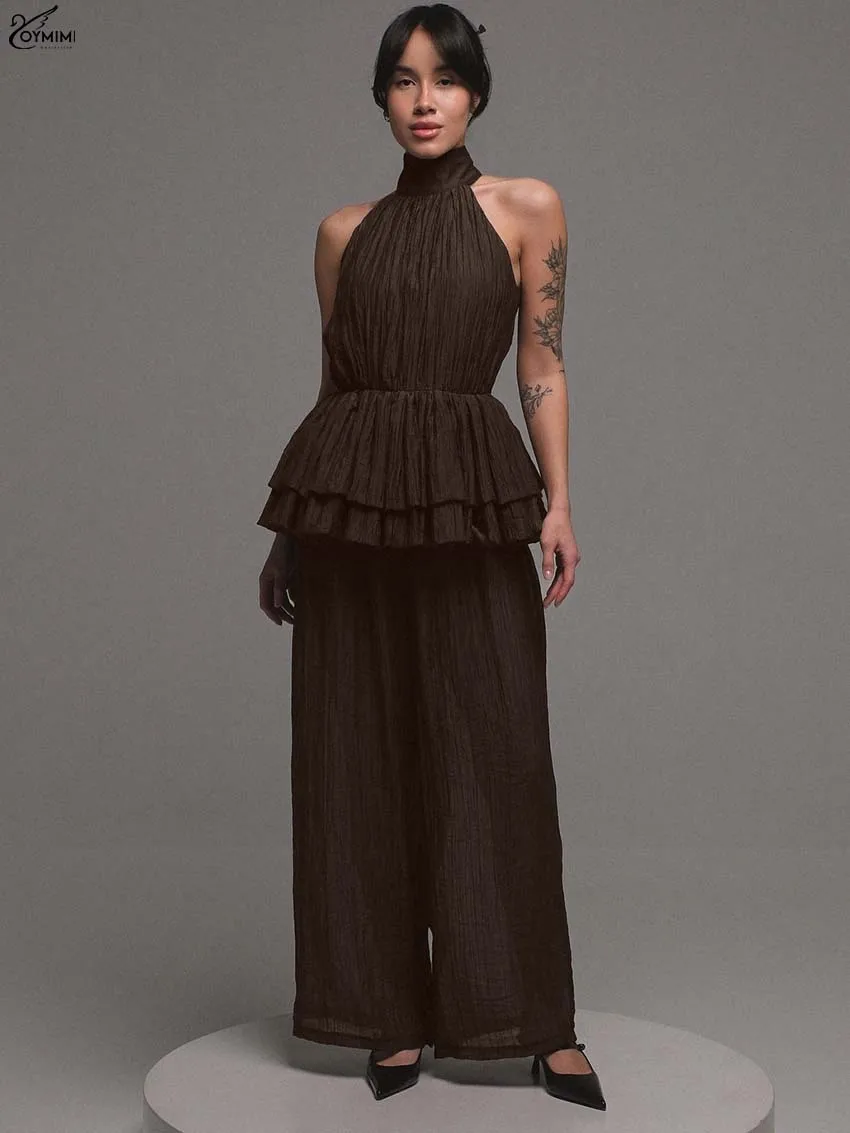 Oymimi Fashion Black 2 Piece Sets Woman Outfits Casual Turtleneck Sleeveless Open Back Ruffled Tops And Straight Trousers Sets
